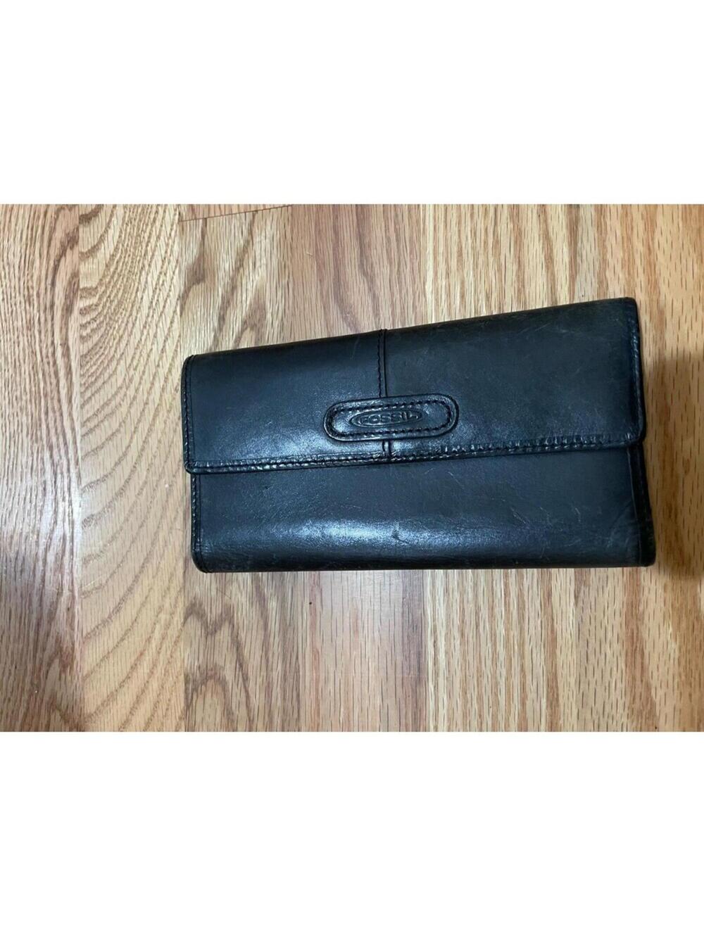 Vintage Fossil Black Genuine Leather Womens Trifold Wallet W/Outer Zipper Pocket